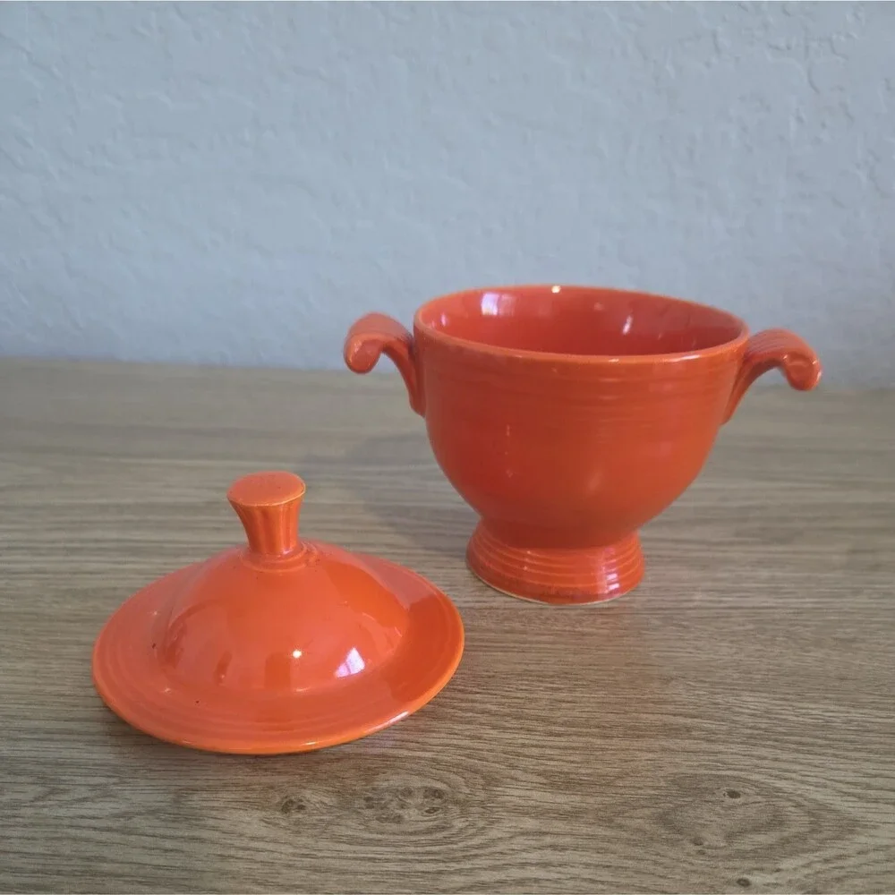 Vintage Fiesta Original Red Sugar Bowl with Woolworth's Sticker Homer Laughlin